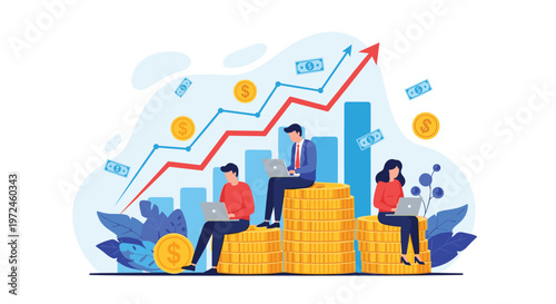 Motivated professionals work on laptops while sitting on stacks of gold coins, symbolizing financial growth, investment, and business success.