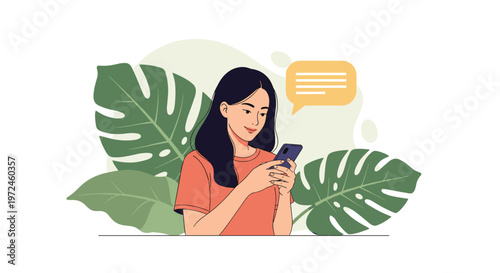 Happy young woman with long dark hair smiles while checking messages on her smartphone, surrounded by large green tropical leaves.