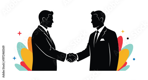 Professional silhouette of two businessmen shaking hands signifies a successful deal or partnership against a vibrant and colorful backdrop.