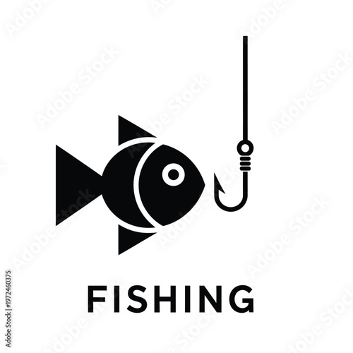 A simple black silhouette depicts a fish seemingly caught on a fishing hook with line high quality
