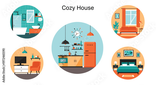 Collage of cozy house interiors displays beautifully designed rooms including a bathroom, living room, modern kitchen, and bedroom.
