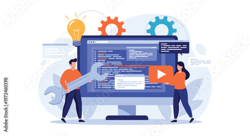 Technical team works together to fix and optimize software, represented by tools, gears, and code on a large computer monitor.