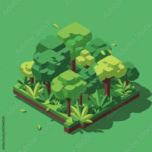 A vibrant isometric illustration of a lush forest ecosystem with diverse green trees.