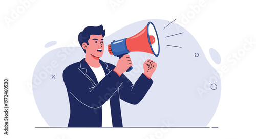 Passionate man in a dark jacket shouts through a megaphone to make an announcement or lead a protest against a light blue background.