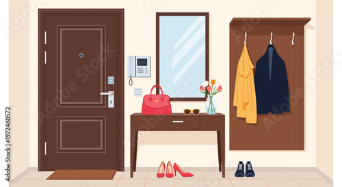Neatly organized hallway interior features a dark wooden door, a mirror, a console table with a red handbag, and a rack for coats and shoes.