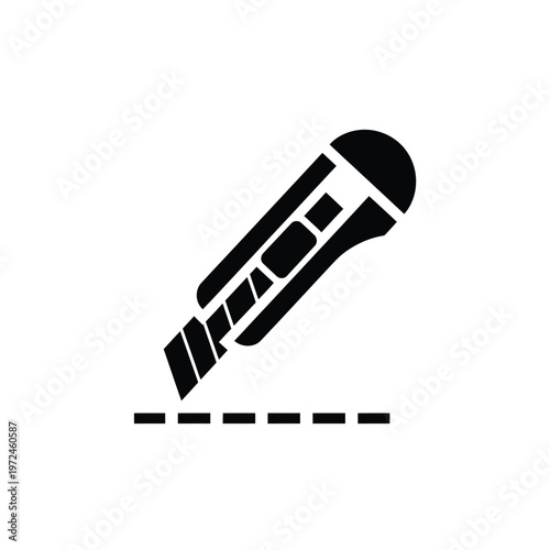 A simple black silhouette depicts a utility knife poised above a dashed line suggesting cutting action