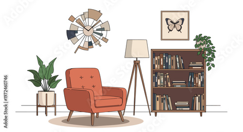 Inviting living room features a comfortable brown armchair, a large bookshelf filled with books, a stylish floor lamp, and green plants.