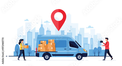 Logistics team loads cardboard boxes into a delivery van in a busy city, highlighted by a large red location pin representing efficiency.