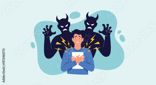 Young man feels overwhelmed and fearful while holding a document, as dark shadowy figures represent anxiety, stress, or inner demons.