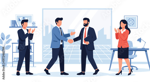 Business partners shake hands to finalize an agreement in a professional office setting while their colleagues applaud their success.