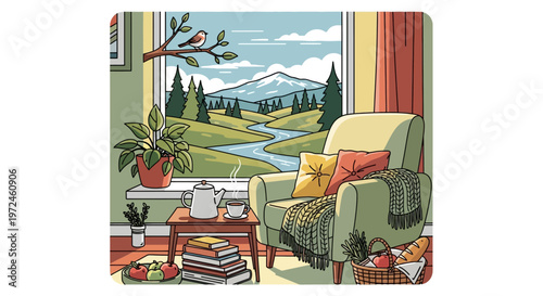 Cozy living room with mountain view