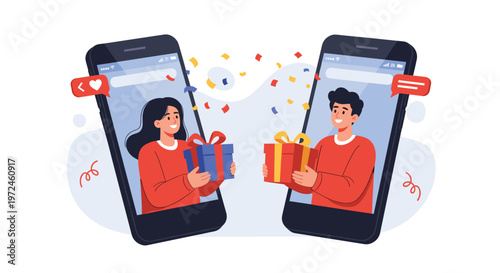 Happy couple on separate smartphone screens virtually exchanges gifts with colorful confetti, illustrating a long-distance celebration.
