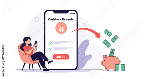 Young woman uses a mobile phone application to earn cashback rewards and save money in her pink piggy bank today.