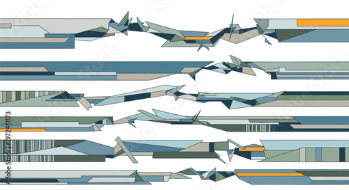 Abstract background featuring horizontal bands of fragmented geometric shapes and lines in cool, muted colors on a white canvas.