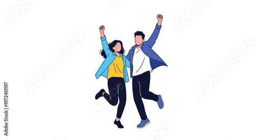 Enthusiastic young couple wearing casual clothes jumps high in the air with arms raised to celebrate their success.