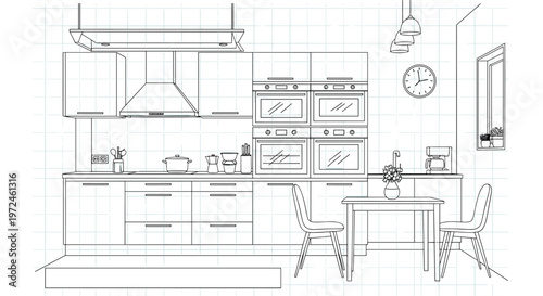 Minimalist black and white architectural line drawing shows a modern kitchen design with sleek cabinets and ovens.