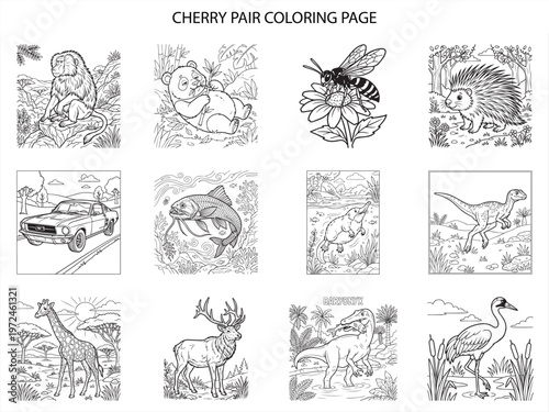 Detailed animal and nature coloring page collection featuring diverse species and classic vehicles for artistic development and fun activities