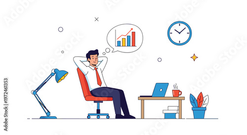 Relaxed businessman leans back in his office chair while dreaming of successful financial growth and future goals.