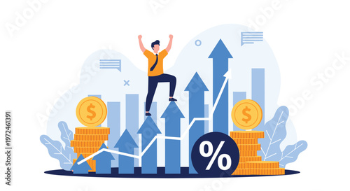 Successful businessman celebrates his financial victory by climbing a rising blue bar graph with golden dollar coins.