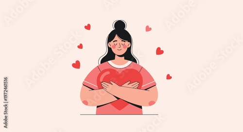 Young woman closes her eyes and hugs a large red heart symbol to represent self-love and emotional well-being today.