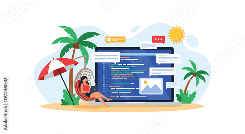 Freelance female developer works on her laptop from a tropical beach location with palm trees and a giant screen.