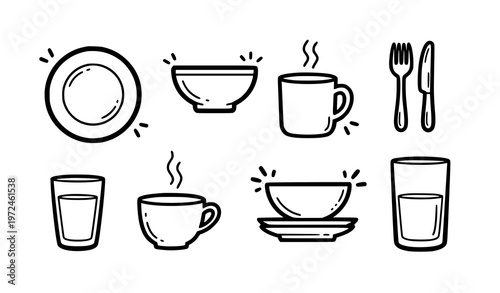 Sticker style dinnerware doodle icons bold outline kitchen tableware vector set