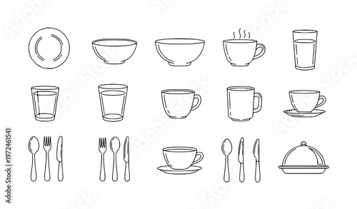 Dinnerware doodle icon set hand drawn kitchen tableware outline vector collection