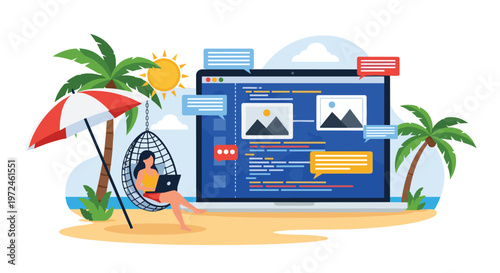 Digital nomad woman works on her laptop while sitting in a hanging chair on a sunny tropical beach with palms.