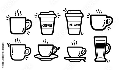 Sticker style coffee cups doodle icons bold outline cafe beverage vector set