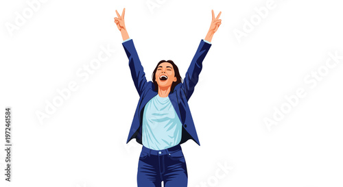 Successful businesswoman in a blue suit raises her arms and shows peace signs to celebrate a major career win.