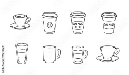 Coffee cups doodle icon set hand drawn cafe drink outline vector collection