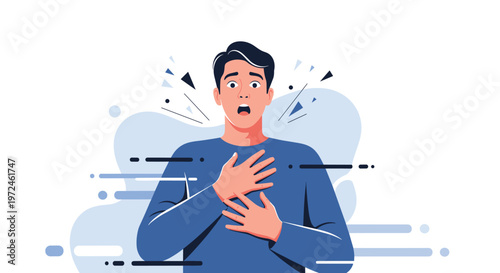 Young man looks extremely shocked and surprised with wide eyes and open mouth as he holds his hands to his chest.