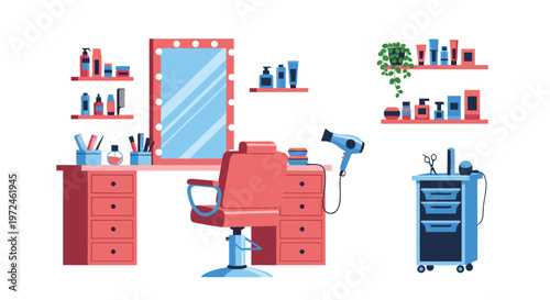 Stylish hairdresser salon interior with a red chair and a large mirror surrounded by professional hair tools.