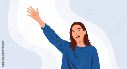 Beautiful young woman with long hair waves her hand and smiles happily against a soft blue abstract background.