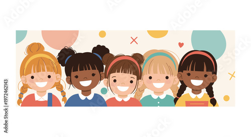 Group of diverse and happy children from different backgrounds smile together in a row against a colorful background.