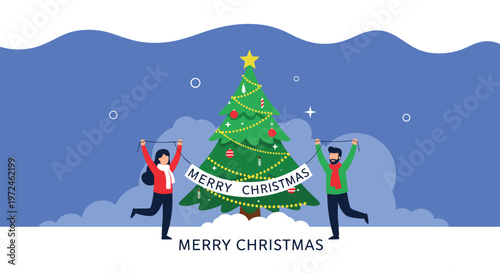 Happy couple celebrating the holiday season by holding a festive banner in front of a decorated Christmas tree with blue background.