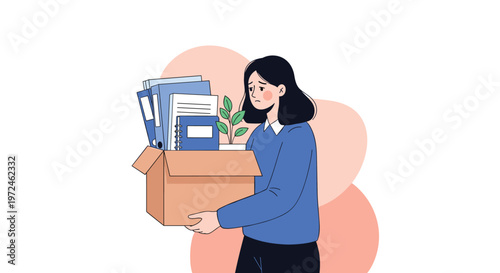 Sad female employee carrying a cardboard box with office supplies after being fired or quitting her job from a company.