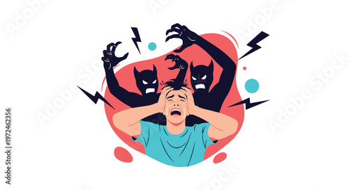 Distressed man suffering from mental health issues surrounded by dark shadow figures symbolizing anxiety and inner demons.