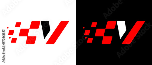 Velocity-focused V-letter racing logo with sharp pixel accents, designed to express speed and competitive intensity
