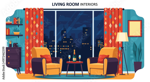 Elegant living room interior at night with two comfortable armchairs and a table set for celebration with city skyline view.