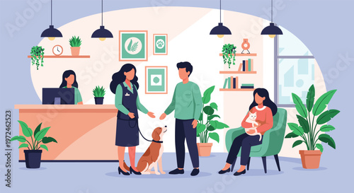 Busy veterinary clinic waiting area with pet owners and their animals receiving professional care from medical staff.