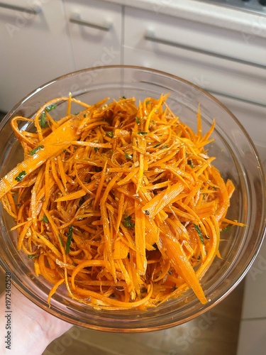 grated carrot, finely grated carrot in a bowl, Korean carrot, carrot salad