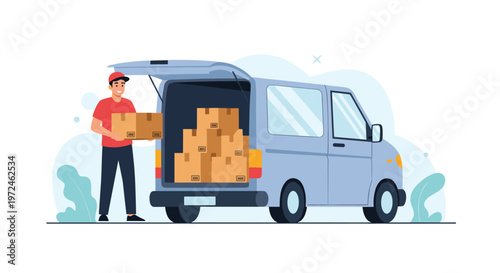 Delivery service worker standing at the back of a cargo van loaded with cardboard boxes for package distribution.