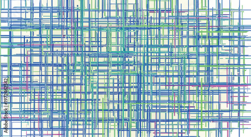 Chaotic abstract grid pattern with a multitude of intersecting lines in shades of blue and green, creating a dynamic and complex network on a light backdrop.