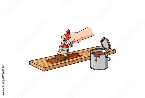 Painting wood, brown paint, brush in hand, staining wooden plank, DIY home improvement