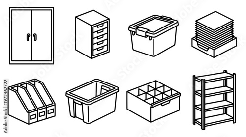 Isometric office storage and organization elements set for design