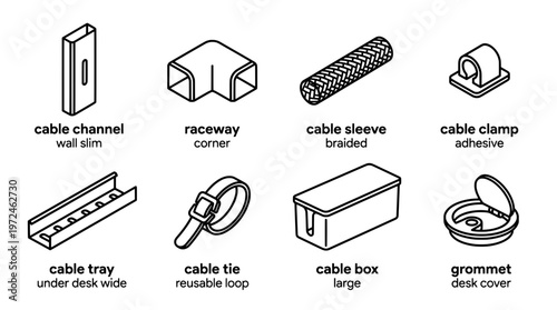 Isometric view of cable management accessories for organization and installation