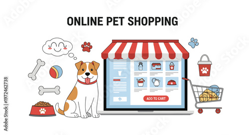 Online pet shopping website interface on a laptop computer with a cute dog character and various pet care products.