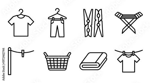 Laundry icons clothes hangers clothespins basket and drying rack