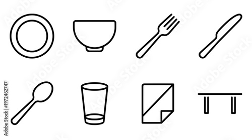 Minimalist cutlery and tableware icons set for dining and meal concepts